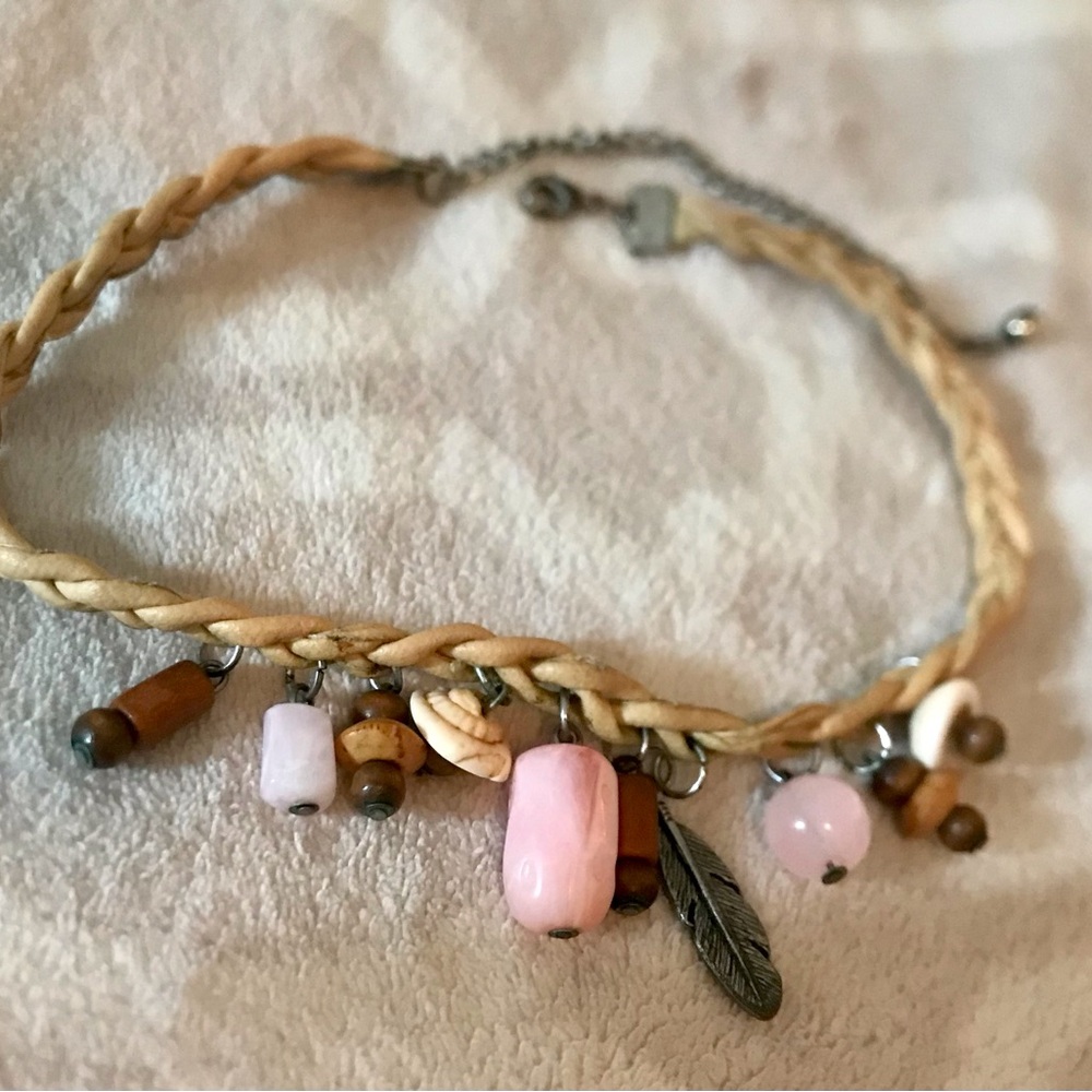 Tan and Pink Bohemian Necklace with Charms